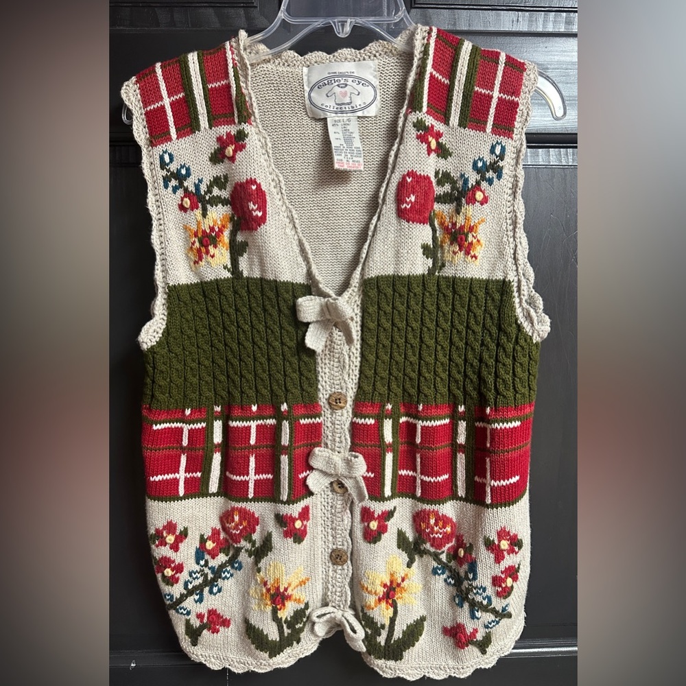 Vintage Eagle’s Eye Collectibles Tan Sweater Vest Fall Design VNeck Women’s Sz L
